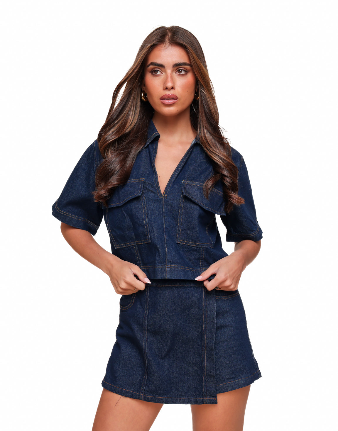 Beige Denim Crop Shirt