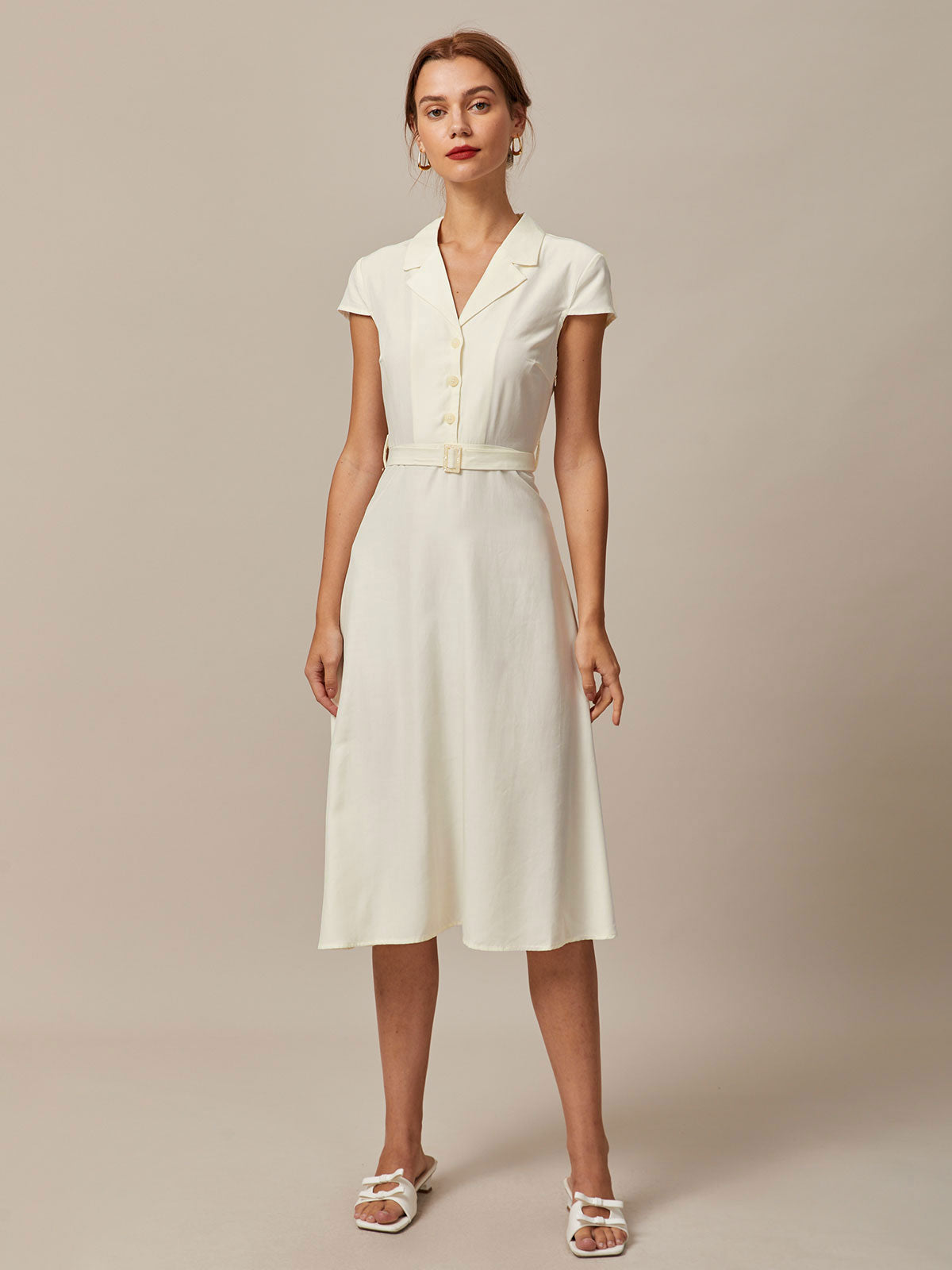 Beige Belted Shirt Midi Dress