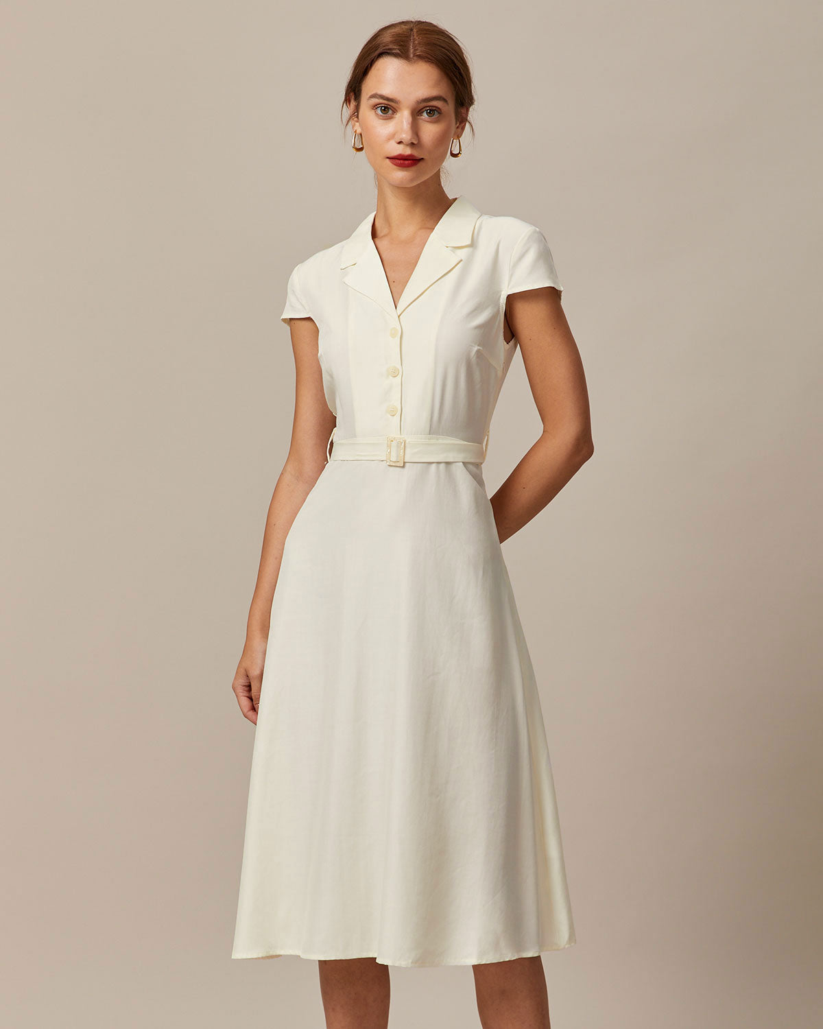 Beige Belted Shirt Midi Dress