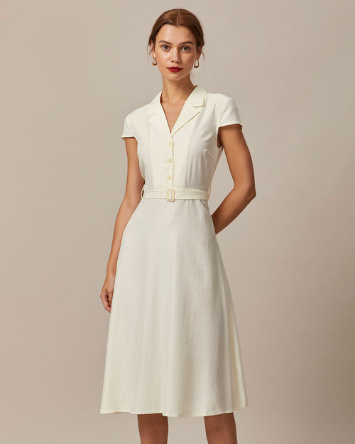 Beige Belted Shirt Midi Dress