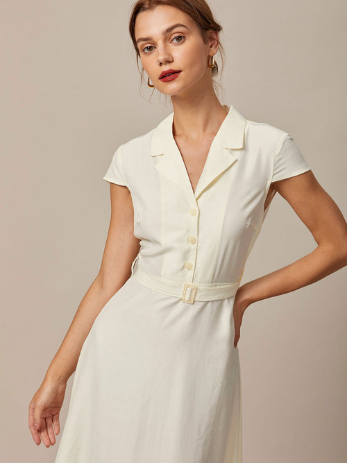 Beige Belted Shirt Midi Dress