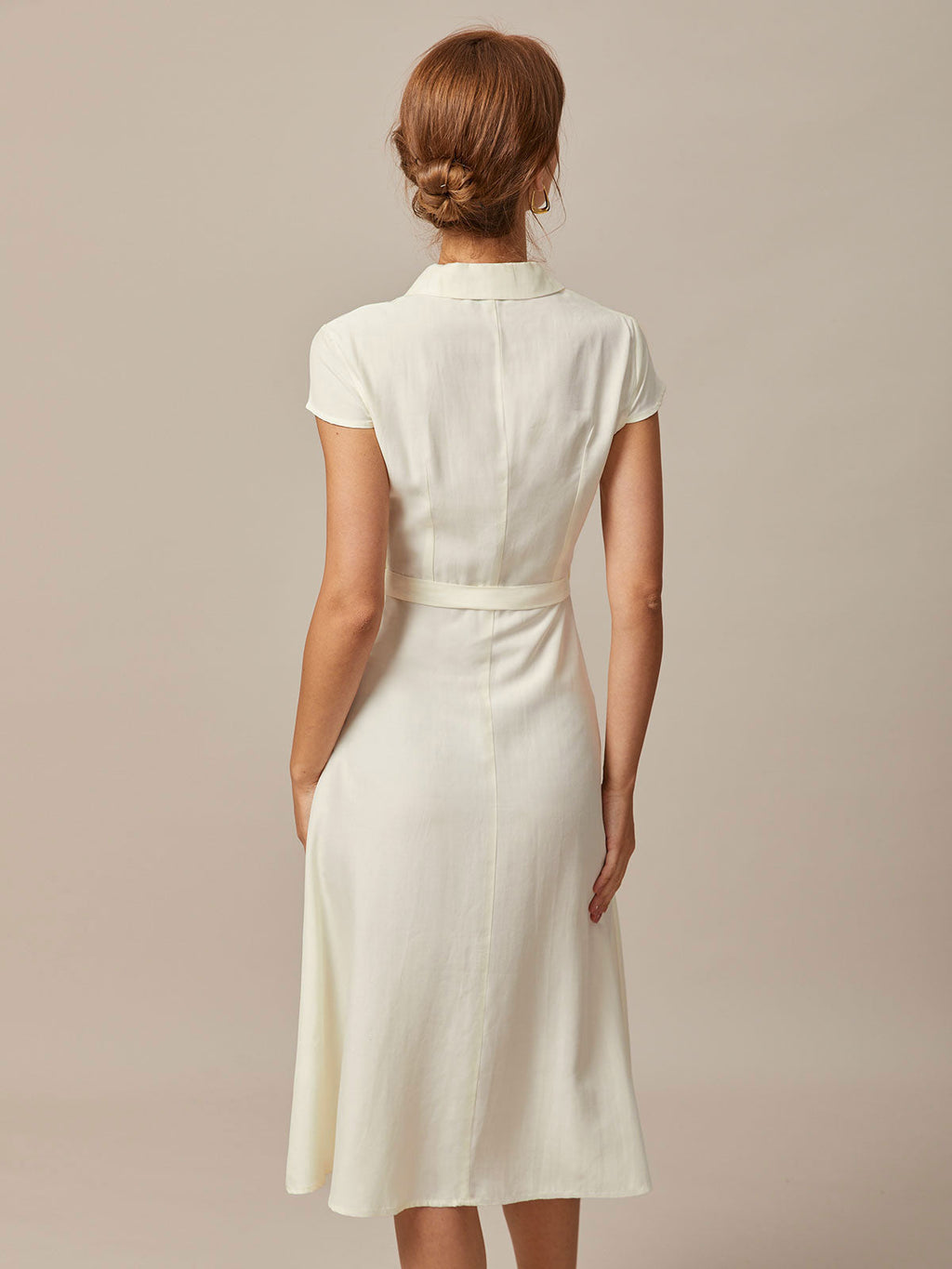 Beige Belted Shirt Midi Dress