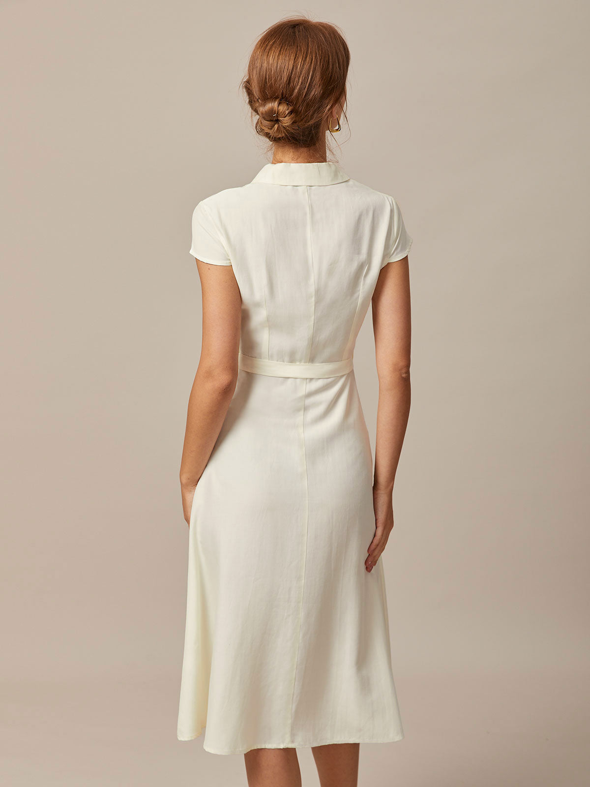 Beige Belted Shirt Midi Dress