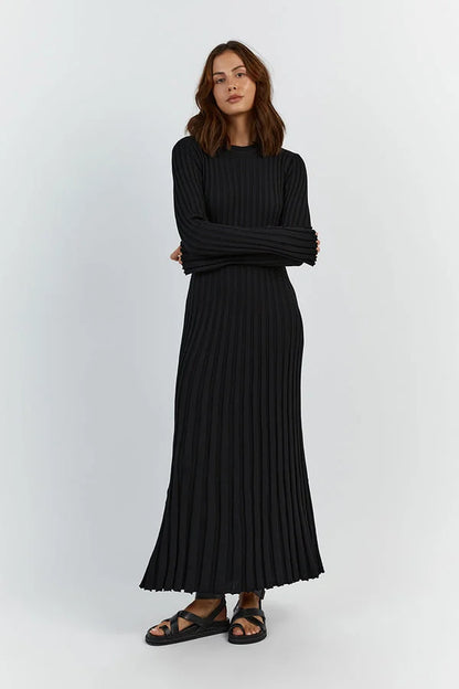 Crew Neck Sleeved Knit Midi Dress