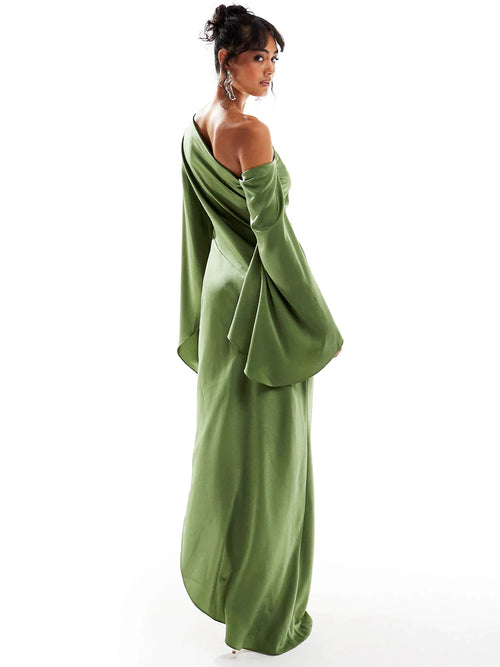 Asymmetrical Drape Satin Maxi Dress