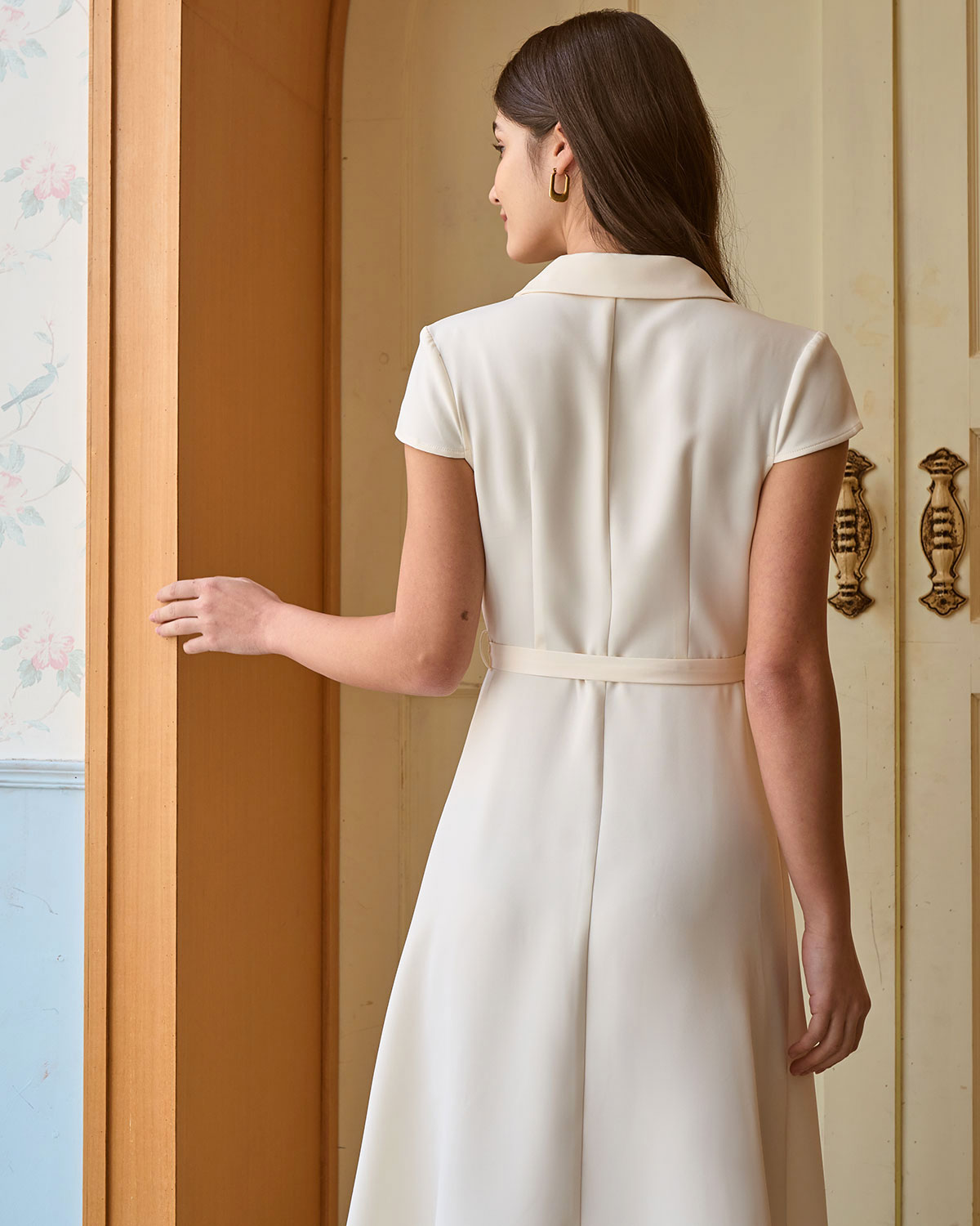 Beige Belted Shirt Midi Dress