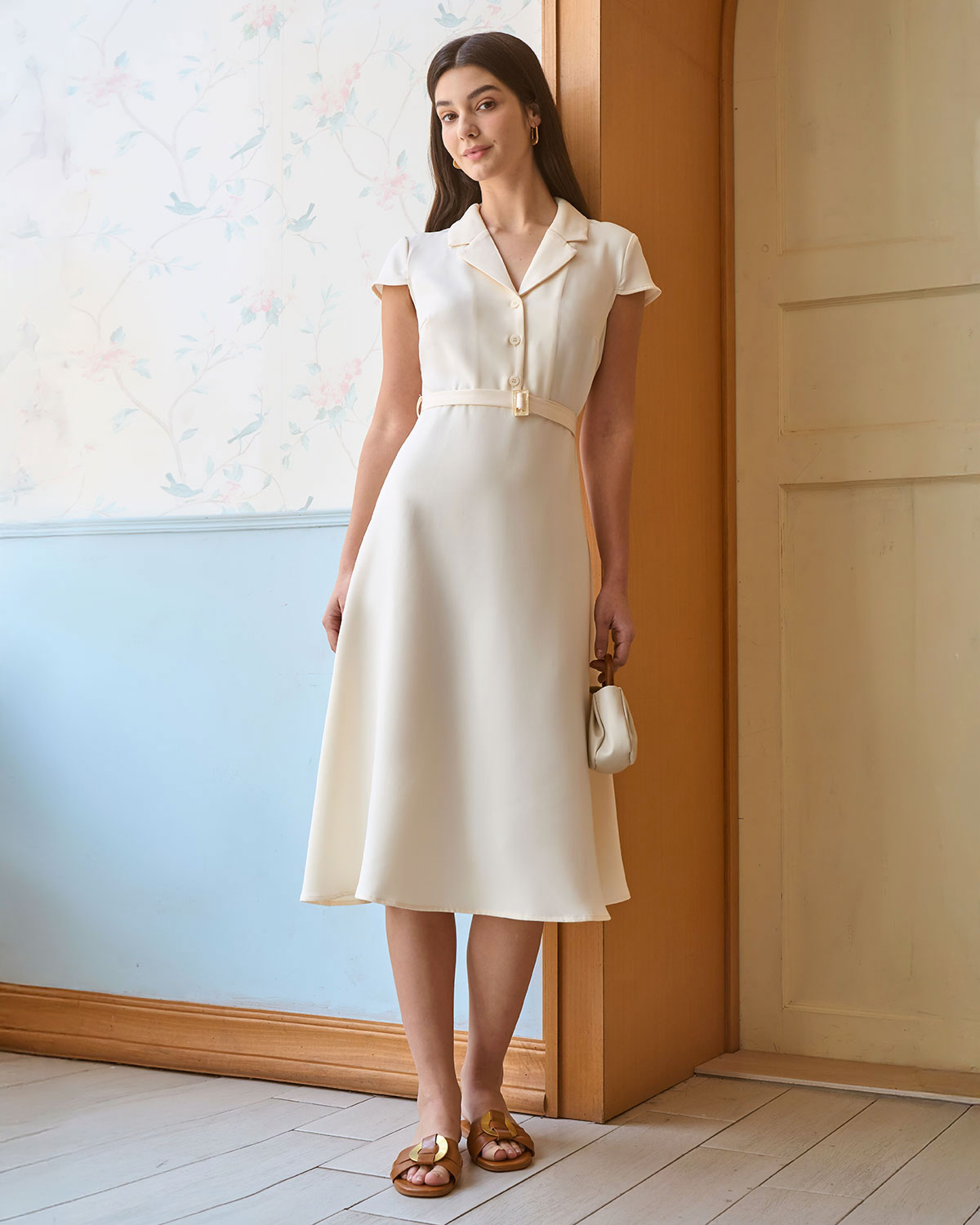 Beige Belted Shirt Midi Dress