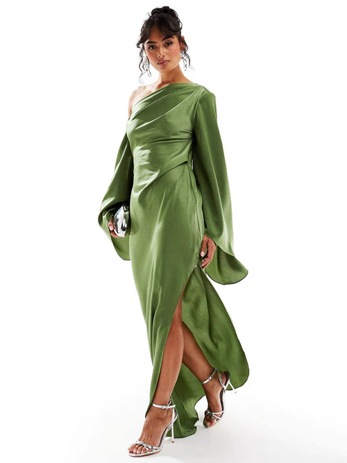 Asymmetrical Drape Satin Maxi Dress