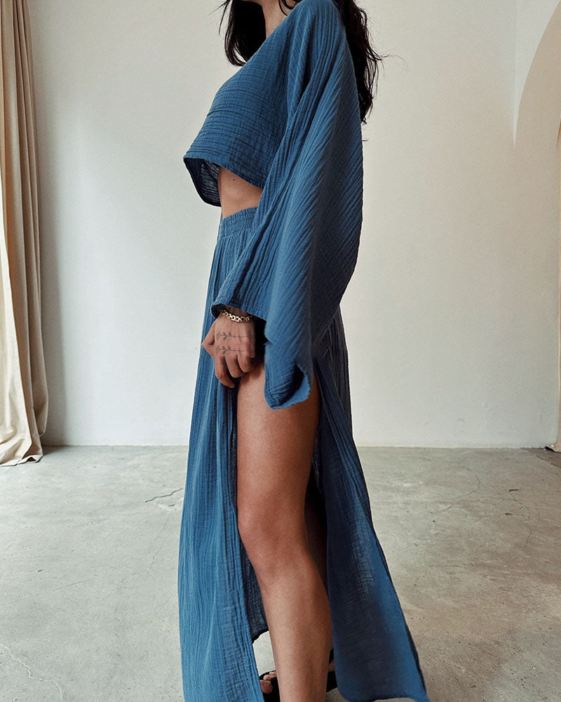Chic Slit Cotton & Linen Two-Piece Set