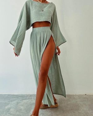 Chic Slit Cotton & Linen Two-Piece Set