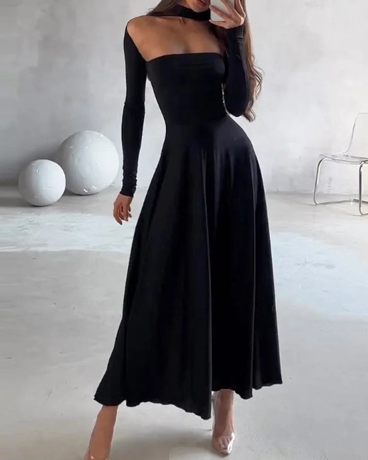 Long-Sleeve Off-Shoulder Black Dress