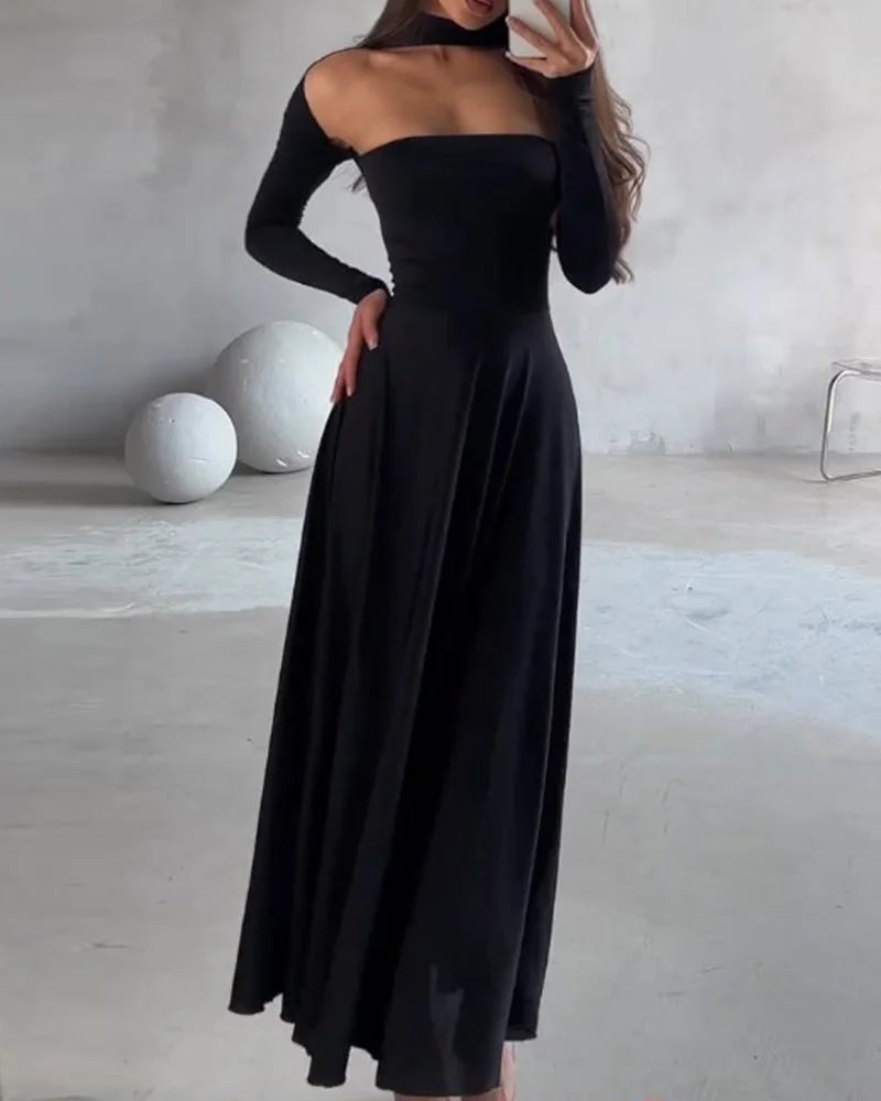 Long-Sleeve Off-Shoulder Black Dress