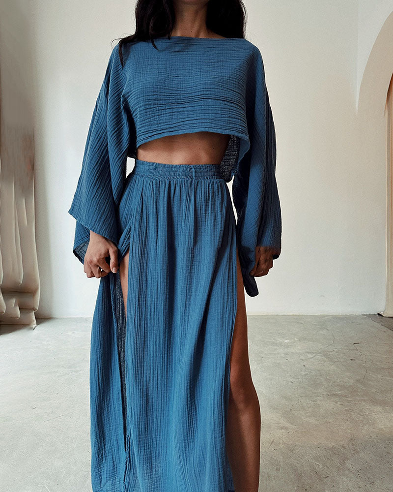 Chic Slit Cotton & Linen Two-Piece Set